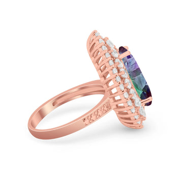 Teardrop Cocktail Ring Pear Rose Tone, Simulated Rainbow CZ 925 Sterling Silver